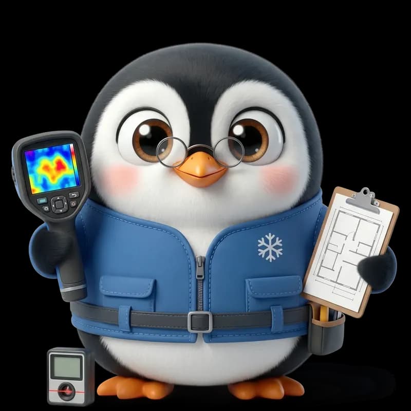 Pingo, la mascotte PingoClim, avec une caméra thermique et un plan pour l'étude thermique