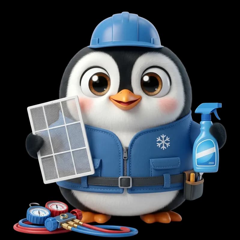 Pingo, la mascotte PingoClim, avec un filtre de climatisation, un spray nettoyant et un manomètre